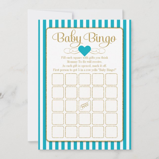 Baby Bingo Turquoise Gold Baby Showgame Cards Einladung (Vorderseite)