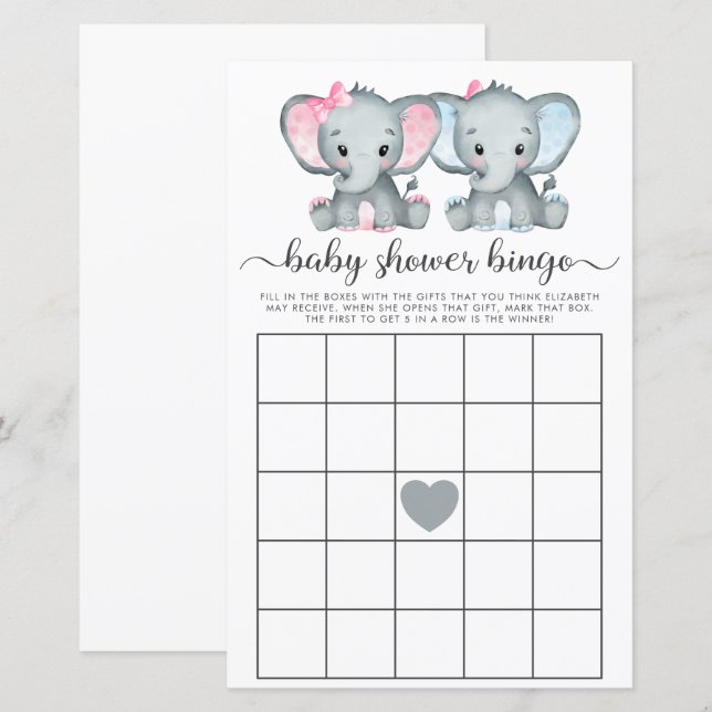 Baby Bingo Twin Girl Boy Elephant Shower Game (Vorne/Hinten)