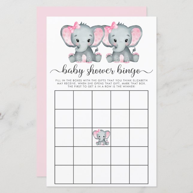 Baby Bingo Twin Girls Elephant Shower Game (Vorne/Hinten)