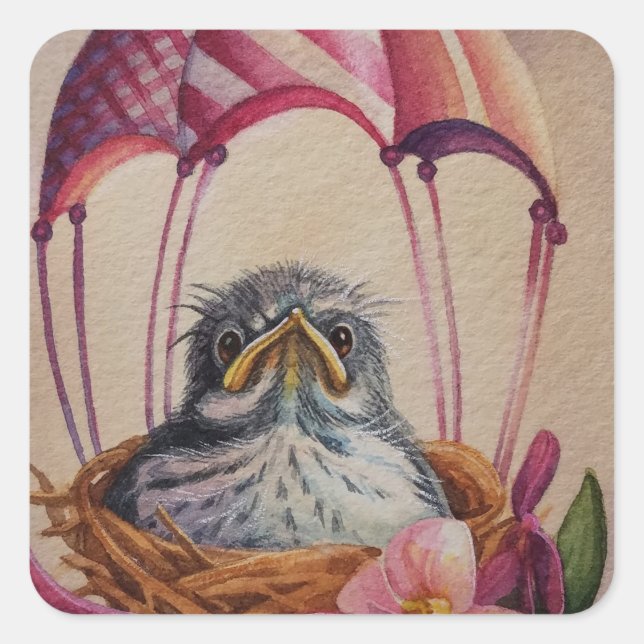 Baby Bird Fledgling Pink Parachute Wasserfarbe Kun Quadratischer Aufkleber (Vorderseite)