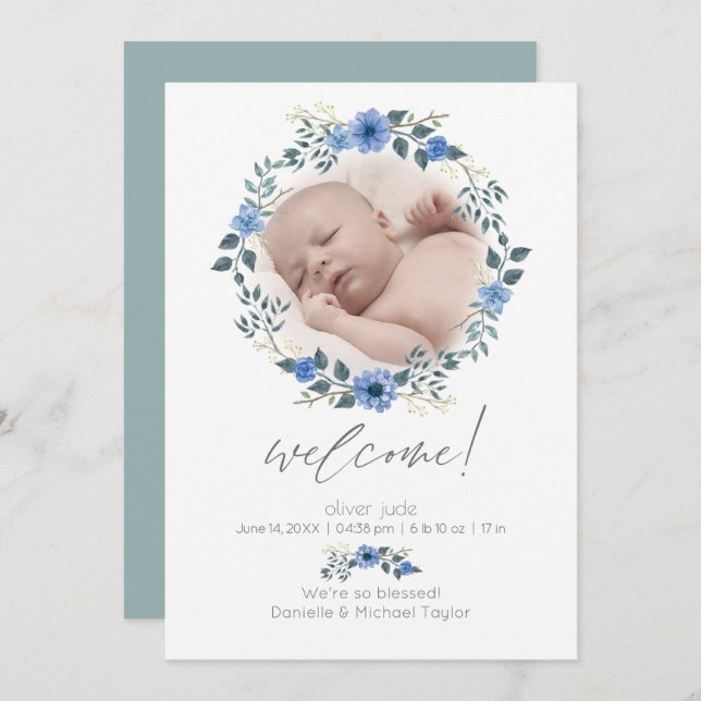 Baby Birth Announcement | Aquarellblau Einladung (Vorne/Hinten)
