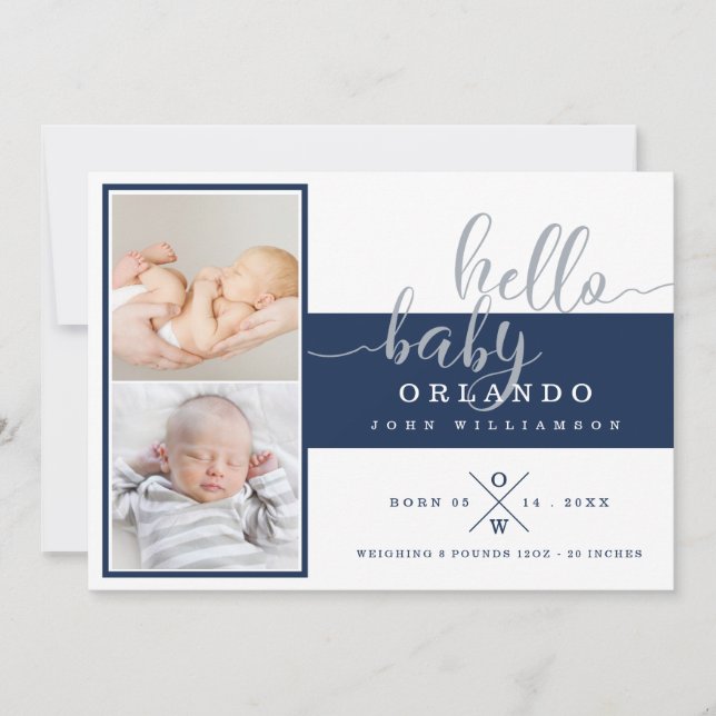 Baby Birth Announcement Card - Navy & White Strip Ankündigung (Vorderseite)