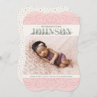 Baby Birth Announcement Card, pink grün, elegant Feiertagskarte