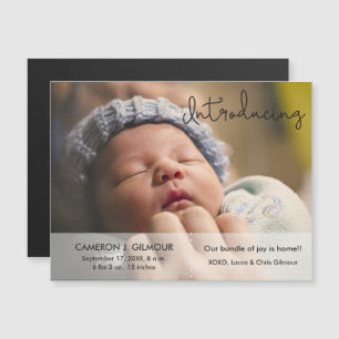 Baby Birth Announcement Foto Einführung in Script Magneteinladung