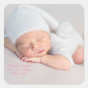 Baby Birth Announcement Foto Pink Girl Quadratischer Aufkleber