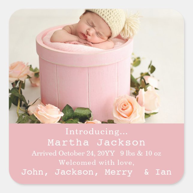 Baby Birth Announcement Foto Pink Girl Square Quadratischer Aufkleber (Vorderseite)
