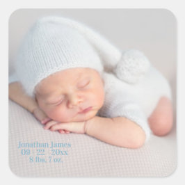Baby Birth Announcement Foto Typografie Boy Blue Quadratischer Aufkleber