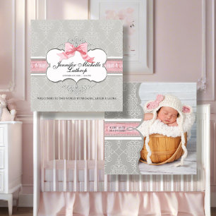 Baby Birth Announcement - French Bow Damask Swirl Ankündigung