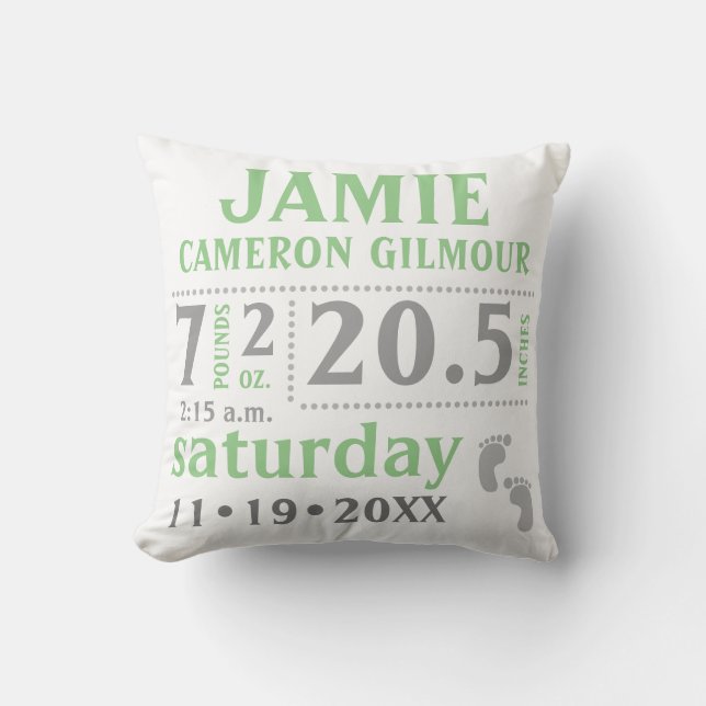 Baby Birth Announcement Pillow Green Foto Kissen (Vorderseite)
