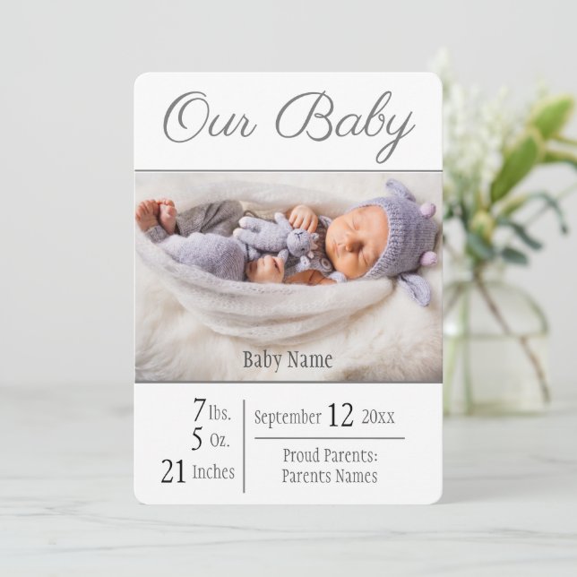 Baby Birth Foto Gray Our Baby Ankündigung (Stehend Vorderseite)