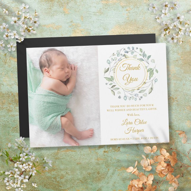 Baby Birth Foto Greenerity Gold Vielen Dank Magnetkarte (Baby Birth Photo Greenery Gold Thank You)