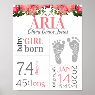 Baby Birth Stat Sign Pink Floral Footprint Poster