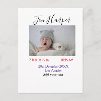 Baby birth stats add name place date keepsake memo postkarte