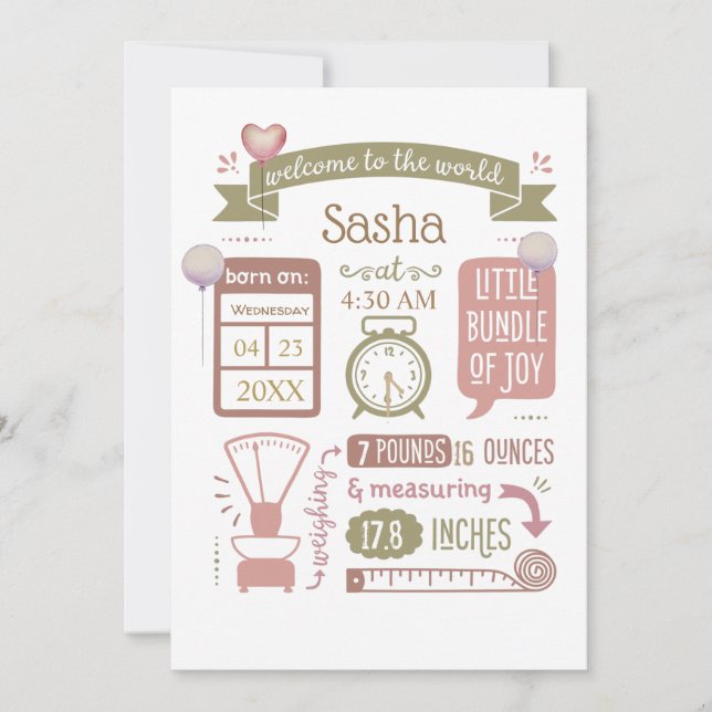 Baby Birth Stats Ankündigung Pink (Vorderseite)