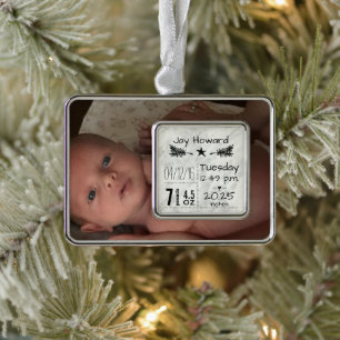 Baby Birth Stats Birth Record 1. Weihnachtsfeierta Rahmen-Ornament Silber