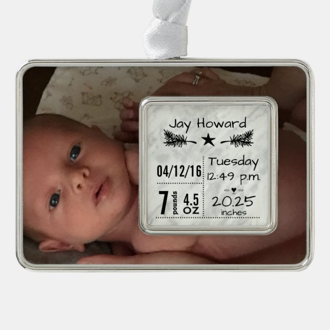 Baby Birth Stats Birth Record Christmas Foto Rahmen-Ornament Silber (Vorderseite)