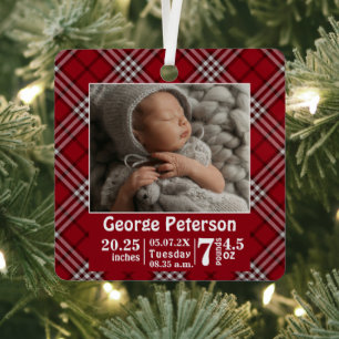 Baby Birth Stats Birth Record Foto Red Kariert Ornament Aus Metall