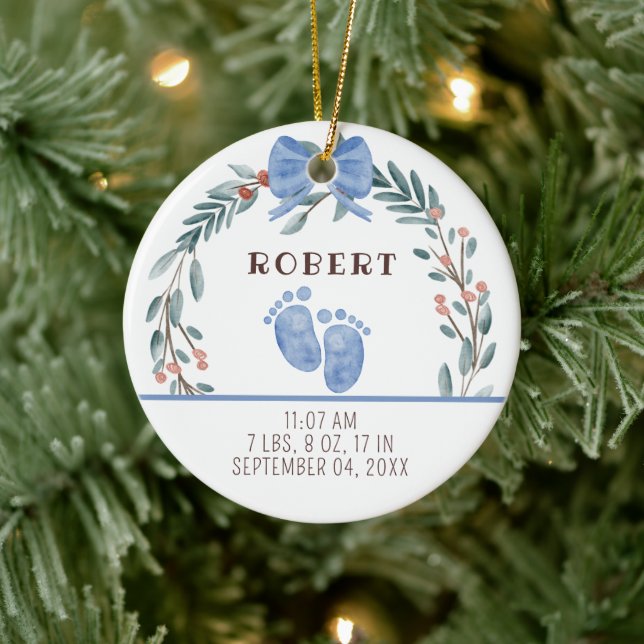 Baby Birth Stats Boy Foto Baby First Christmas Keramik Ornament (Baum)