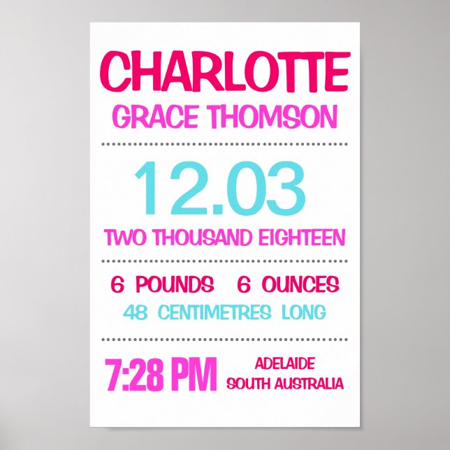 Baby Birth Stats Custom Wall Print Poster - Pink (Vorne)