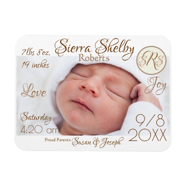 Baby Birth Stats & Foto Monogram Custom Keepake Magnet (Horizontal)