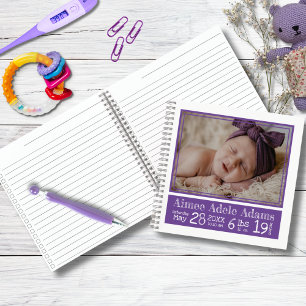 Baby Birth Stats Foto-Notebook Lila Streifen Notizbuch