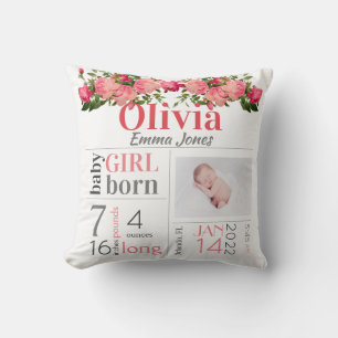 Baby Birth Stats Pink und Peach Floral Throw Pillo Kissen