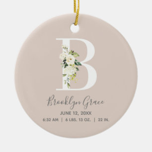 Baby Birth Stats Record Blush Foto Monogram B Keramik Ornament