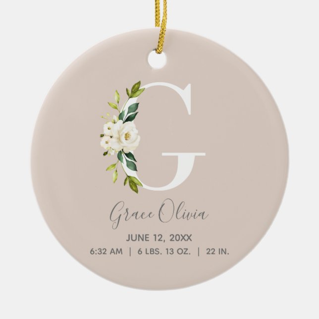 Baby Birth Stats Record Blush Foto Monogram G Keramik Ornament (Vorne)