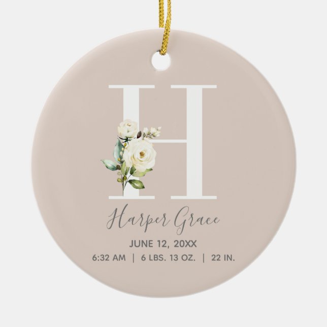 Baby Birth Stats Record Blush Foto Monogram H Keramik Ornament (Vorne)
