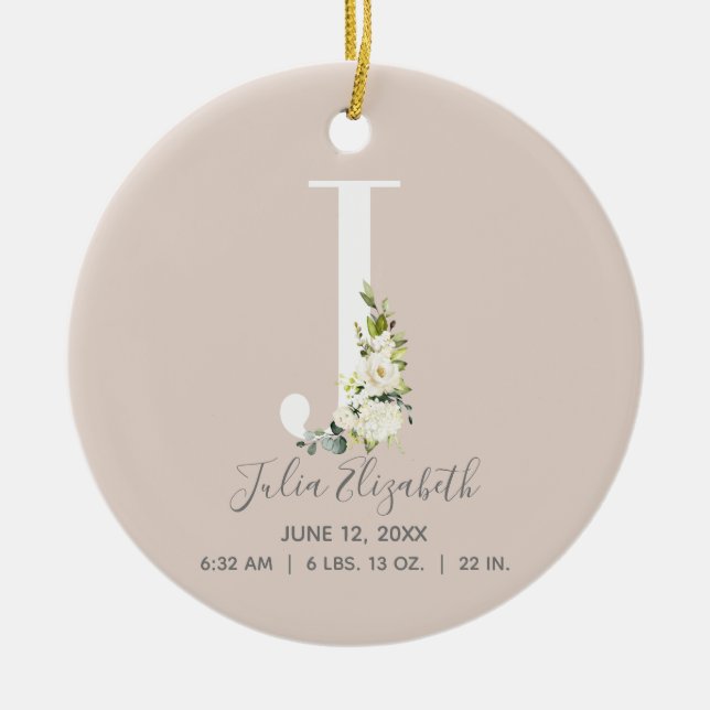 Baby Birth Stats Record Blush Foto Monogram J Keramik Ornament (Vorne)