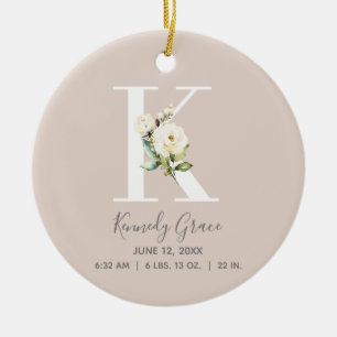 Baby Birth Stats Record Blush Foto monogram K Keramik Ornament