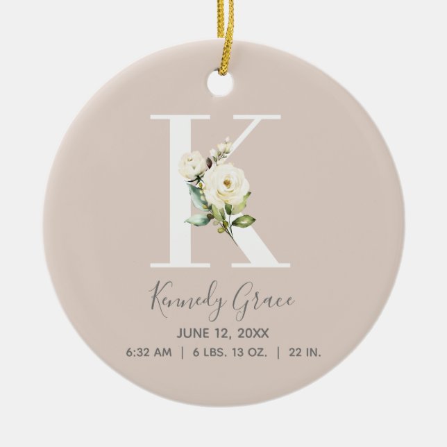 Baby Birth Stats Record Blush Foto monogram K Keramik Ornament (Vorne)