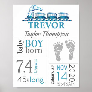 Baby Birth Stats Schild mit Blue Train & Footprint