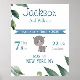 Baby Birth Stats signieren Elephant Blue & Green Poster