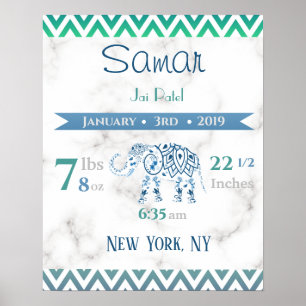 Baby Birth Stats signieren Elephant Marble Blue &  Poster