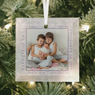 Baby Birth Stats Snowflake Foto Frame Lavendel Ornament Aus Glas