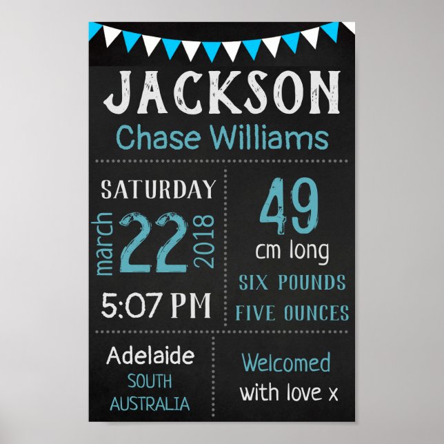 Baby Birth Stats Wall Print Poster - Blue Chalk (Vorne)