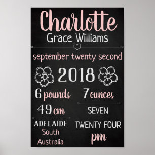 Baby Birth Stats Wall Print Poster - Pink Chalk