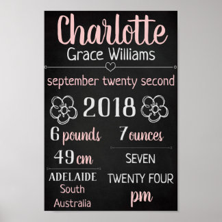 Baby Birth Stats Wall Print Poster - Pink Chalk