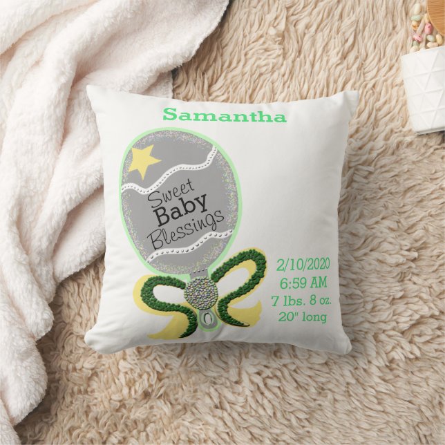 Baby Birth Stats Yellow Green Rattle Pillow Kissen (Decke)