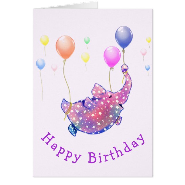 Baby Birthday Card Elephant Flying with Balloons (Vorne)