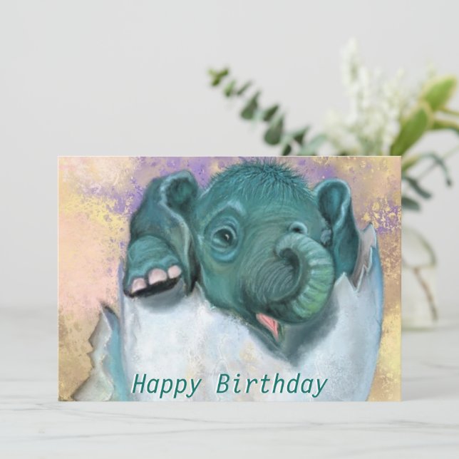 Baby Birthday Card Elephant Hatching from Egg - (Stehend Vorderseite)