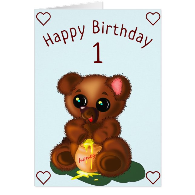 Baby Birthday Card Kleiner Bär mit Honig (Vorne)