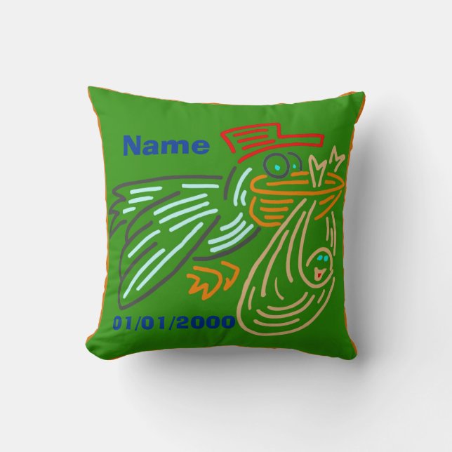 Baby Birthday Storch Pillow Green Kissen (Vorderseite)