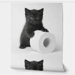 Baby Black Kitten Guarding Toilet Paper Roll On Tapete