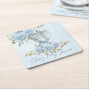 Baby Blau Floral Süßer Elefant Babyparty Rechteckiger Pappuntersetzer