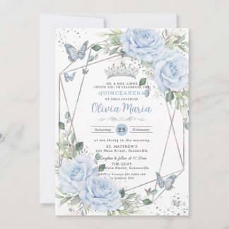 Baby Blau Florale Schmetterlinge Silber Quinceaner Einladung