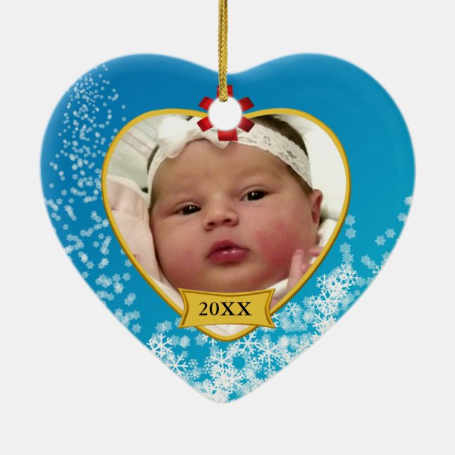 Baby-Blau-Foto-Andenken des Babys 1. Weihnachts Keramikornament (Hinten)