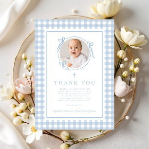 Baby Blau Gingham Foto Junge Taufe Dankeskarte
