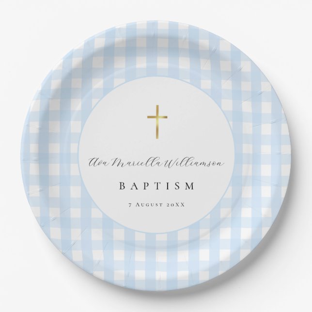 Baby Blau Gingham Taufpapier  Pappteller (Vorderseite)
